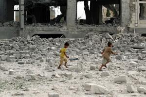 Yemeni children run amidst the debris of a house, said &hellip;