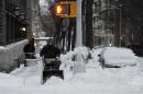 A man uses a snow blower near Park Avenue after a snowstorm hit New York January 27, 2015