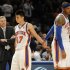 ADDS NAME OF COACH - New York Knicks' Carmelo Anthony, right, holds Jeremy Lin's hand as he leaves the game after fouling out during the fourth quarter of an NBA basketball game against the New Jersey Nets, Monday, Feb. 20, 2012, at Madison Square Garden in New York. The Nets defeated the Knicks 100-92. Anthony shot 4 of 11 and scored 11 points. Lin finished with 21 points, nine assists and seven rebounds. At left is Knicks coach Mike D'Antoni. (AP Photo/Bill Kostroun)
