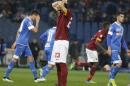 Roma's Davide Astori reacts after missing a scoring chance during a Serie A soccer match between Roma and Empoli, at Rome's Olympic Stadium, Saturday, Jan. 31, 2015. (AP Photo/Andrew Medichini)