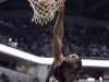 Miami Heat guard Dwyane Wade gets a bucket on a dunk in the first half of an NBA basketball game against the Indiana Pacers in Indianapolis, Tuesday, Feb. 14, 2012.  (AP Photo/Michael Conroy)