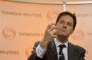 Britain's Deputy Prime Minister Nick Clegg answers questions at a Reuters 'Newsmaker' event in Canary Wharf, London