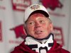 FILE - In this April 3, 2012, file photo, Arkansas football coach Bobby Petrino speaks during a news conference in Fayetteville, Ark., after being released from a hospital after he was injured in a motorcycle accident. A person familiar with the situation says Petrino is out as coach at Arkansas. The person spoke to The Associated Press on the condition of anonymity, and the university has scheduled a Tuesday evening, April 10, 2012, news conference with athletic director Jeff Long. (AP Photo/Gareth Patterson, File)