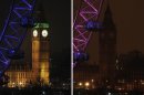 A two photo combination showing the Elizabeth Tower, which houses Big Ben at the Houses of Parliament in London, illuminated, left, and then in darkness as the lights were turned off to mark Earth Hour 2013, Saturday March 23, 2013. Earth Hour was marked worldwide at 8.30 p.m. local time and is a global call to turn off lights for 60 minutes in a bid to highlight the global climate change. (AP Photo/PA, Lewis Whyld) UNITED KINGDOM OUT NO SALES NO ARCHIVE