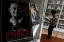 A book about Thailand's former PM Thaksin is displayed at the Puea Thai Party headquarters in Bangkok