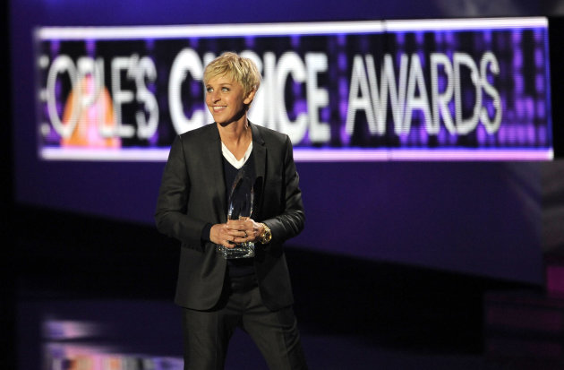 Ellen Degeneres accepts the award for favorite daytime TV host for "The Ellen Degeneres Show" during the People's Choice Awards on Wednesday, Jan. 11, 2012 in Los Angeles. (AP Photo/Chris Pizzello)