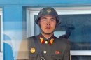 North Korean soldier at the truce village of Panmunjom in the Demilitarized Zone (DMZ) that divides the Korean peninsula