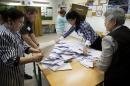 Election officials start to count ballots after the conclusion of a parliamentary by-election at a polling station in Ajka, 140 kms southwest of Budapest, Hungary, Sunday, April 12, 2015. (AP Photo/MTI, Szilard Koszticsak)