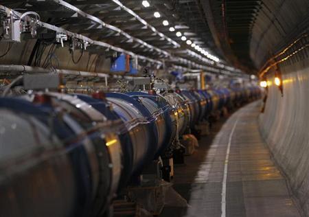 The LHC (Large Hadron Collider) tunnel is pictured during a visit at the Organization for Nuclear Research (CERN) in Meyrin, near Geneva April 10, 2013. REUTERS/Denis Balibouse