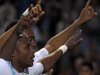 Olympique Marseille's Andre Ayew celebrates with teammate and brother Jordan Ayew after scoring a goal against Nice during their French Ligue 1 soccer match in Marseille