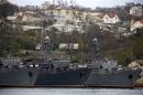 Russian Navy vessels are anchored at a navy base in the Ukrainian Black Sea port of Sevastopol