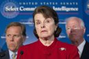 Senate Intelligence Committee Chair Sen. Dianne Feinstein, D-Calif., center, flanked by Sen. Saxby Chambliss, R-Ga., vice-chair of the committee at right, and, House Intelligence Committee Chairman Rep. Mike Rogers, R-Mich., meets with reporters on Capitol Hill in Washington, Thursday, June 7, 2012, following a closed-door meeting with Director of National Intelligence James Clapper on national security leaks. (AP Photo/J. Scott Applewhite)