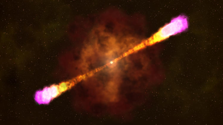 This image provided by NASA's Goddard Space Flight Center shows an artists rendering on how a gamma ray burst occurs with a massive star collapsing and creating a black hole and beaming out focused and deadly light and radiation bursts. Astronomers and space telescopes in April 2013 saw the biggest and brightest cosmic explosion ever witnessed, a large gamma ray burst. (AP Photo/NASA Goddard Space Flight Center)