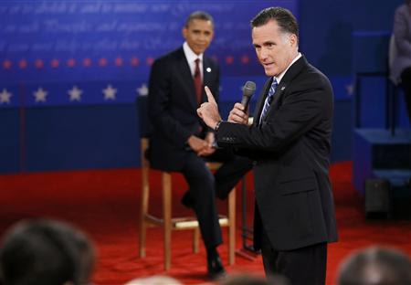 U.S. President Barack Obama (L) listens as Republican presidential nominee Mitt Romney answers a question during the second presidential debate in Hempstead, New York, October 16, 2012. REUTERS/Rick Wilking