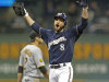 Milwaukee Brewers' Ryan Braun (8) reacts after his pinch hit RBI double during the sixth inning of a baseball game against the Pittsburgh Pirates Monday, Sept. 26, 2011, in Milwaukee. (AP Photo/Jeffrey Phelps)