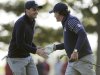 USA's Phil Mickelson, right, and Keegan Bradley react on the seventh hole during a foursomes match at the Ryder Cup PGA golf tournament Saturday, Sept. 29, 2012, at the Medinah Country Club in Medinah, Ill. (AP Photo/Charlie Riedel)