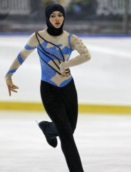 Emirati figure skater Zahra Lari performs during the European Cup, on April 12, in Canazei, northern Italy. The 17-year-old not only became the first figure skater from the Gulf to compete in an international competition but the first to do so wearing the hijab, an Islamic headscarf