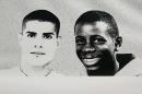 A picture taken on November 4, 2006 in Clichy-sous-Bois, northern Paris, shows a giant picture of Zyed (L) and Bouna, the two teenagers whose deaths led France in 2005 to a nationwide wave of riots