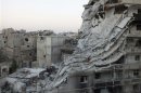 A general view shows damaged buildings in the Al-Khalidiya neighbourhood of Homs