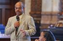 State Sen. David Haley, D-Kansas City, discuses a proposed constitutional amendment that would prevent the closure of public schools by the state's judicial or legislative branches on Friday, June 24, 2016, in Topeka, Kan. (Chris Neal/The Topeka Capital-Journal via AP) MANDATORY CREDIT