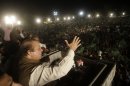 Pakistan's former Prime Minister Nawaz Sharif, addresses his supporters during an election campaign rally, in Lahore, Pakistan, Thursday, May 9, 2013. Pakistan is scheduled to hold parliamentary elections on May 11, the first transition between democratically elected governments in a country that has experienced three military coups and constant political instability since its creation in 1947. The parliament's ability to complete its five-year term has been hailed as a significant achievement. (AP Photo/K.M. Chaudary)