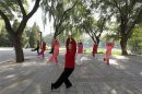 People practise tai chi, a Chinese martial art, during morning exercises at Longtan Park in Beijing