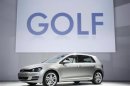 New Volkswagen Golf is seen onstage at a news conference at the New York Auto Show in New York