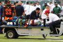 Lorenzo Mauldin of the New York Jets is carted off the field on a stretcher during the fourth quarter of their game against the Cleveland Browns, at MetLife Stadium in East Rutherford, New Jersey, on September 13, 2015