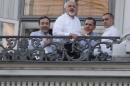 (L-R) Iranian officials Abbas Araqchi, Mohammad Javad Zarif, Majid Takht-Ravanchi, and Hossein Fereydoun gather at the Palais Coburg Hotel in Vienna, July 11, 2015