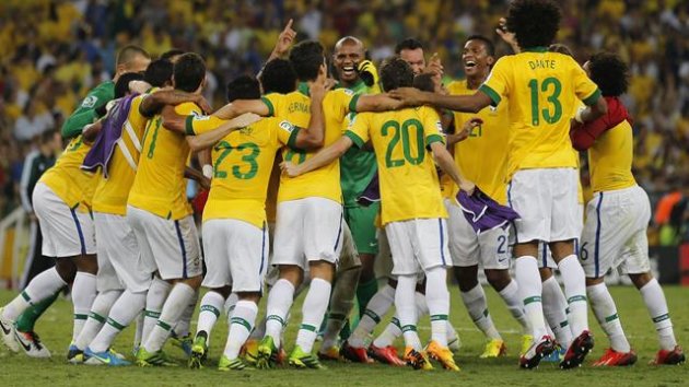 Brazil celebrates their victory over Spain in the Confederations Cup final (Reuters)