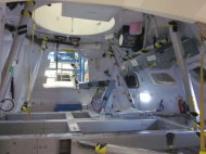 This view inside a mockup of NASA’s new Orion space capsule shows a seat for an astronaut (eventually there will be four seats inside). Astronauts will lay on their backs with legs pointing up in the air on the leg rests, shown here.