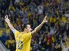 Sweden's Zlatan Ibrahimovic celebrates his third goal during their international friendly soccer match against England at the Friends Arena in Stockholm