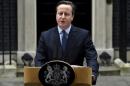 Britain's Prime Minister Cameron speaks outside 10 Downing Street in London, Britain