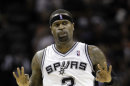 San Antonio Spurs' Stephen Jackson reacts after scoring a three-point basket against the Utah Jzz during the first quarter of Game 1 of a first-round NBA basketball playoff series on Sunday, April 29, 2012, in San Antonio. (AP Photo/Eric Gay)