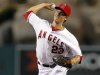 Angels Greinke delivers pitch against Rangers during the first inning of their MLB baseball game in Anaheim