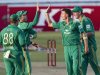South Africa's Levi, Behardien, Steyn and Morris celebrate the wicket of New Zealand's Fulton during their T20 international cricket match in Durban