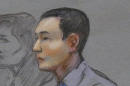 FILE - In this May 13, 2014 file courtroom sketch, defendant Azamat Tazhayakov, a college friend of Boston Marathon bombing suspect Dzhokhar Tsarnaev, sits during a hearing in federal court in Boston. Jury selection is set to begin Monday, June 30, 2014 in Boston for his federal trial on obstruction of justice charges. Tazhayakov, of Kazakhstan, is accused with another friend of removing items from Tsarnaev's dorm room, but is not charged with participating in the bombing or knowing about it in advance. (AP Photo/Jane Flavell Collins, File)