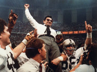 FILE - In this Jan. 1, 1983 file photo, Penn State head football coach Joe Paterno takes a victory ride from his players after defeating Georgia 27-23 in the Sugar Bowl NCAA college football game at the Supderdome in New Orleans, to win the national championship. On Sunday, Jan. 22, 2012, family says Paterno, winningest coach in major college football, has died. (AP Photo/File)