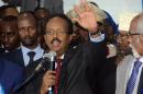 Newly elected President of Somalia and former prime minister Mohamed Abdullahi Farmajo gestures as he makes an address on February 8, 2017