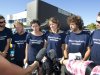 In this photo provided by Greenpeace, actress Lucy Lawless, fourth from left, and five Greenpeace activists, from left, Mike Buchanan, Raoni Hammer, Vivienne Hadlow, Shai Nades and Shayne Comino, speak to the media outside the central police station in New Plymouth, New Zealand, Monday, Feb. 27, 2012, after their release on bail on charges relating to protesting aboard Arctic oil-drilling ship, the Noble Discoverer, in Port Taranaki. Police on Monday arrested actress Lawless and the five Greenpeace environmental activists after the group spent four days protesting aboard the oil-drilling ship docked in New Zealand. (AP Photo/Greenpeace, Nigel Marple) NO SALES, NO ARCHIVES, EDITORIAL USE ONLY, MANDATORY CREDIT