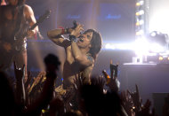 This film image released by Warner Bros. Pictures shows Tom Cruise as Stacee Jaxx in New Line Cinema’s rock musical “Rock of Ages,” a Warner Bros. Pictures release. (AP Photo/Warner Bros. Pictures, David James)
