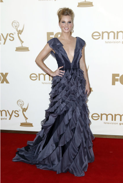 Heather Morris arrives at the 63rd Primetime Emmy Awards on Sunday, Sept. 18, 2011 in Los Angeles. (AP Photo/Matt Sayles)