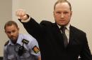FILE - In this Aug. 24, 2012 file photo, mass murderer Anders Behring Breivik, makes a salute after arriving in the court room at a courthouse in Oslo. Breivik, who admitted killing 77 people in Norway last year, was declared sane and sentenced to prison for bomb and gun attacks. Convicted Norwegian mass-killer Breivik has threatened to go on hunger strike unless he gets access to better video games, a sofa and a larger gym. n a letter received by The Associated Press Tuesday Feb. 18, 2014, Breivik writes the hunger strike will continue until his demands are met or he dies. (AP Photo/Frank Augstein, File)