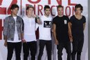 Members of the music group One Direction Tomlinson, Horan, Malik, Payne and Styles pose for photographers during a photocall for their film 'One Direction; This is Us' in London