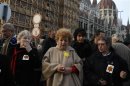 Hungarians protest outside a parliament building against anti-semitic remarks by a far-right politician in Budapest