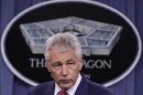 U.S. Secretary of Defense Hagel speaks at his news conference at the Pentagon in Washington