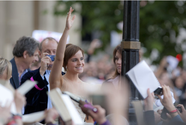 British actress Emma Watson arrives at Trafalgar Square, in central London, for the World Premiere of Harry Potter and The Deathly Hallows: Part 2, the last film in the Harry Potter series, Thursday, 