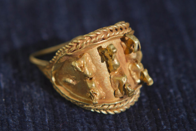 In this photo taken Wednesday, May 23, 2012 an ancient jewel discovered by Israeli archaeologists is displayed at the Tel Aviv University, Israel. Israeli archaeologists have unearthed a stash of rare