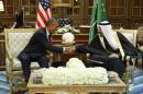 U.S. President Obama shakes hands with Saudi Arabia's King Salman at the start of a bilateral meeting at Erga Palacein Riyadh