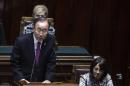 UN Secretary-General Ban Ki-moon addresses the Italian parliament on the occasion of the 60th anniversary of Italy's accession to the United Nations, in Rome, Thursday, Oct. 15, 2015. Ban Ki-Moon will also visit the Milan Expo and a refugee center. (Angelo Carconi/ANSA via AP)